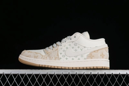 Nike Air Jordan 1 Low LV Collaboration Denim Khaki Customized Casual Sneakers - SJ9950-002
