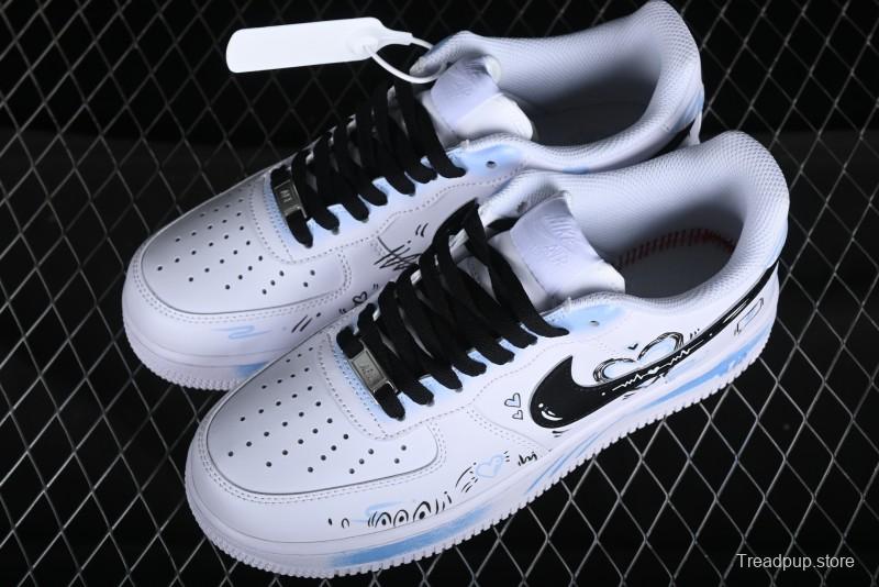 Nike Air Force 1 '07 Low Casual Sneakers with Anime-inspired Blue Spray Paint Design - CW2288-111
