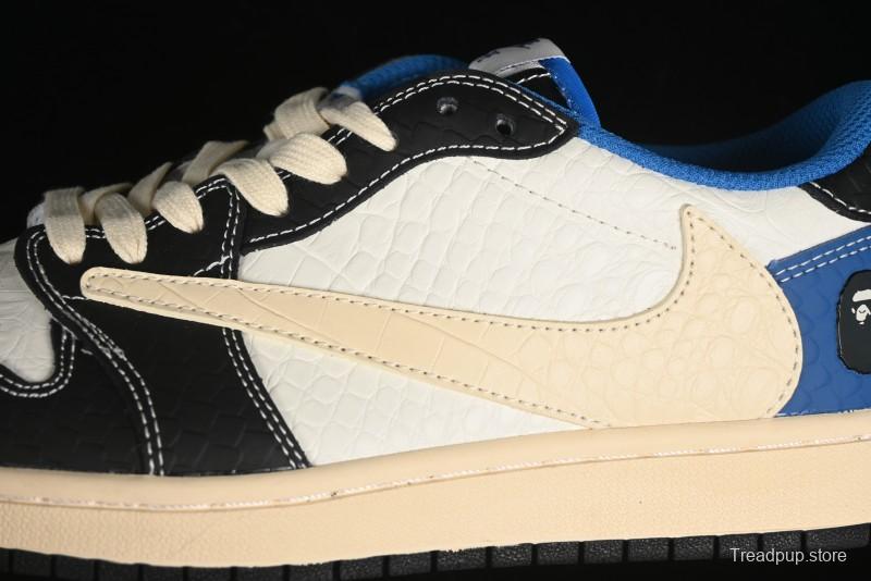 Nike Travis Scott x Fragment Design x Air Jordan 1 Low OG SP AJ1 Bape Collaboration - Crocodile Leather Black White Blue Low Top Casual Sneakers - XZ2828-001