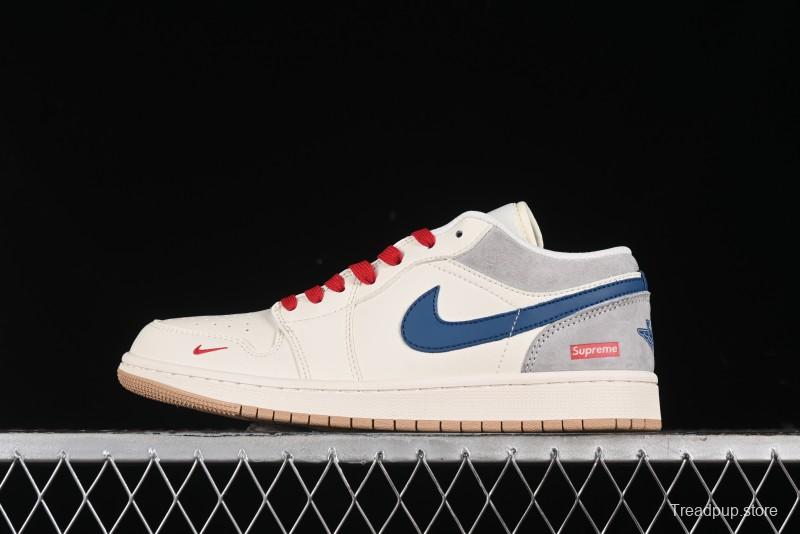 Nike Air Jordan 1 Low Supreme Collaboration - Retro Basketball Shoes in Blue and Gum Sole - SJ9950-022