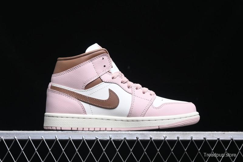 Nike Air Jordan 1 Mid AJ1 Basketball Shoes in Khaki Pink - BQ6472-620