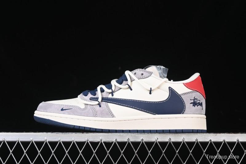 Nike Travis Scott x Fragment Design x Air Jordan 1 Low OG SP AJ1 Stussy Collaboration - Grey Blue Hook Lace Low Top Casual Sneakers - SJ0086-140