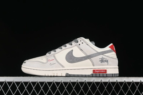 Nike SB Dunk Low Stussy Collaboration - Embroidered Grey Swoosh Anniversary Custom Low-Top Casual Sneakers - MM1089-033