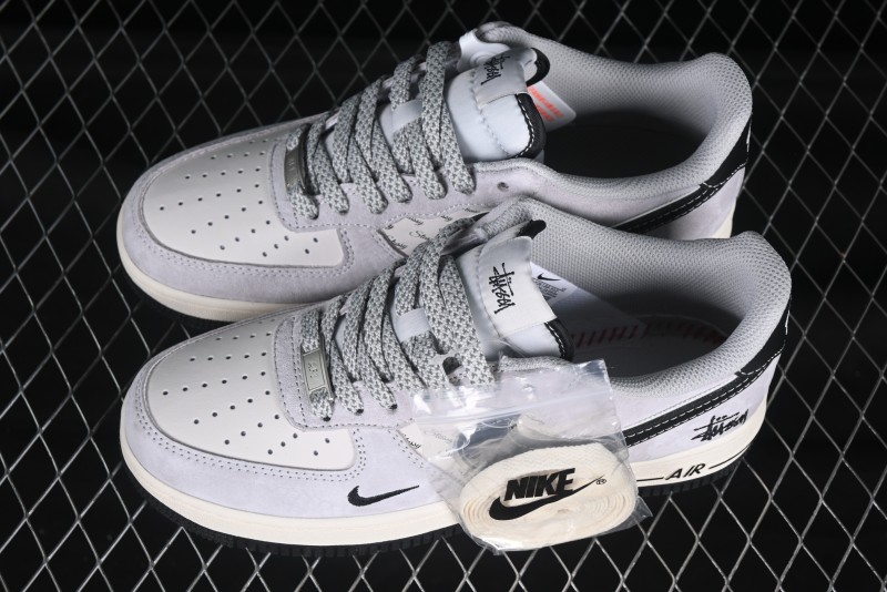 Nike Air Force 1 '07 Low Stussy Collaboration Silver Trim Black Swoosh Low-Top Casual Sneakers - XZ6188-912