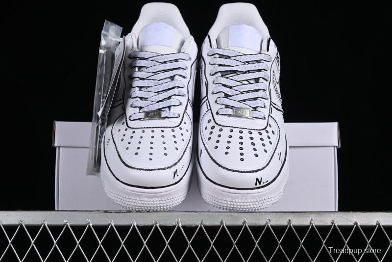 Nike Air Force 1 '07 Low Casual Sneakers with Black and White Hand-Drawn Manga Design - CW2288-811
