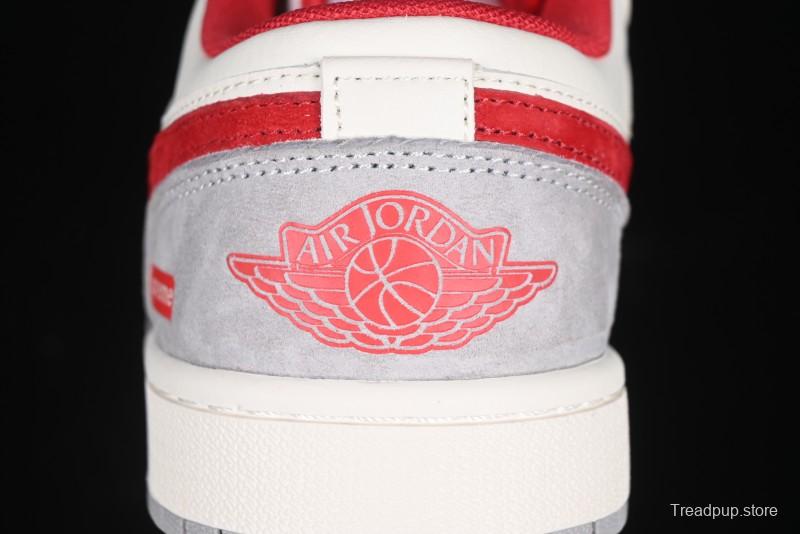 Nike Air Jordan 1 Low AJ1 Supreme Collaboration - White Grey Red Swoosh Retro Basketball Shoes - SJ9950-024