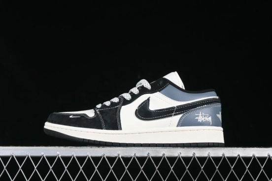 Nike Air Jordan 1 Low OG SP AJ1 Stussy Collaboration Black Grey Blue Black Swoosh Low Top Casual Sneakers - XX3318-502
