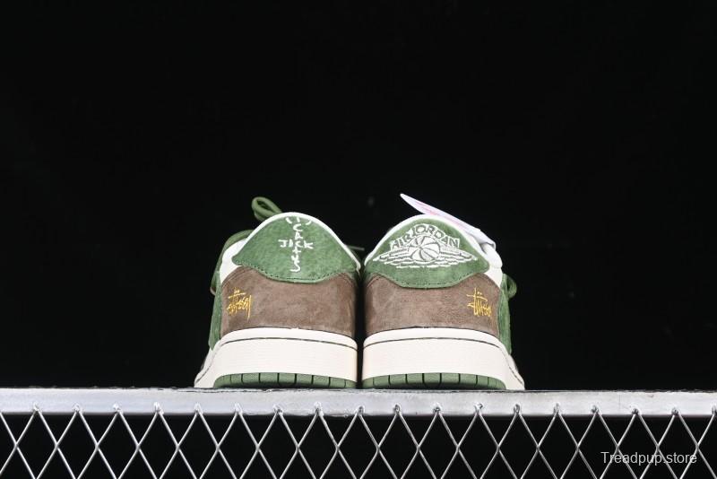 Nike Travis Scott x Fragment Design x Air Jordan 1 Low OG SP AJ1 Stussy Collaboration Suede Green Low Top Casual Sneakers - XS3186-202