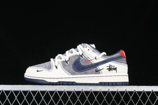 Nike SB Dunk Low Stussy Collaboration Anniversary Custom Low-Top Casual Sneakers with Strap in Beige Grey and Navy - YX5066-236