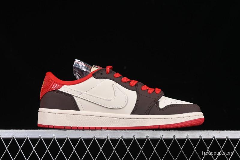 Nike Travis Scott x Fragment Design x Air Jordan 1 Low OG SP AJ1 Snake Year Limited Edition Snake Scale Red Hook Low Top Lifestyle Casual Sneakers - CH6336-020