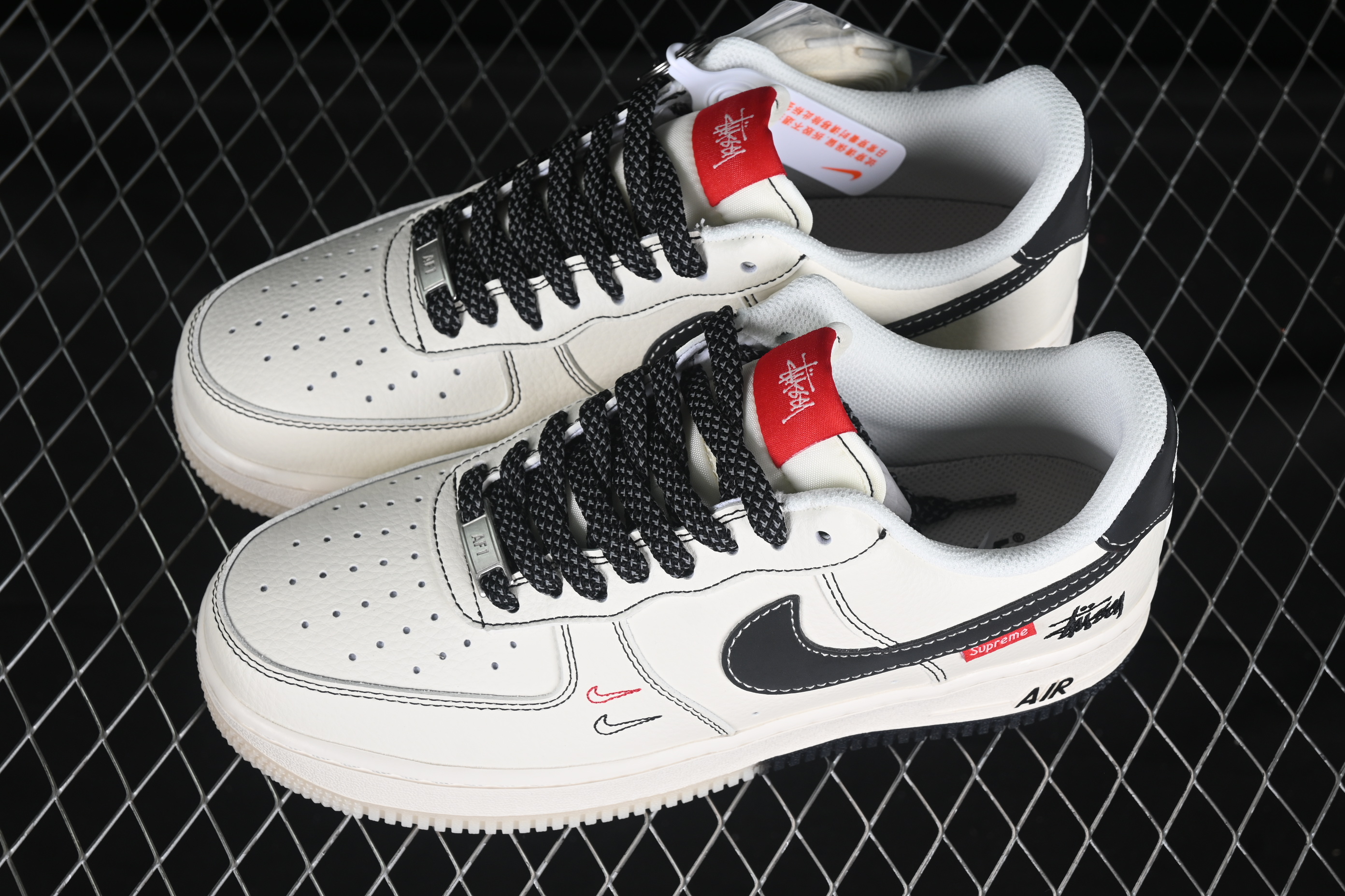 Nike Air Force 1 '07 Low Stussy Collaboration Black Dual-Tone Embroidery Casual Sneakers - HH7518-036