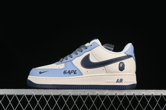 Nike Air Force 1 '07 Low Bape Collaboration Light Blue Swoosh Casual Sneakers - XS1958-554