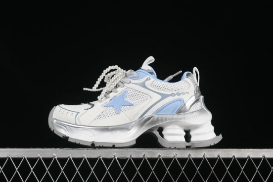 GG-CC Star Same Style Lace-Up Hollow Out Dad Shoes with 5cm Hidden Height Increase - G25X269 White Blue