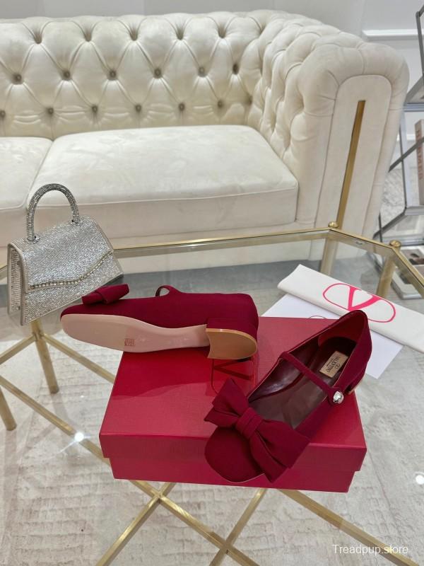 2025 Women Valentino Red Fabric Mary Jane Bow Flat LY00300