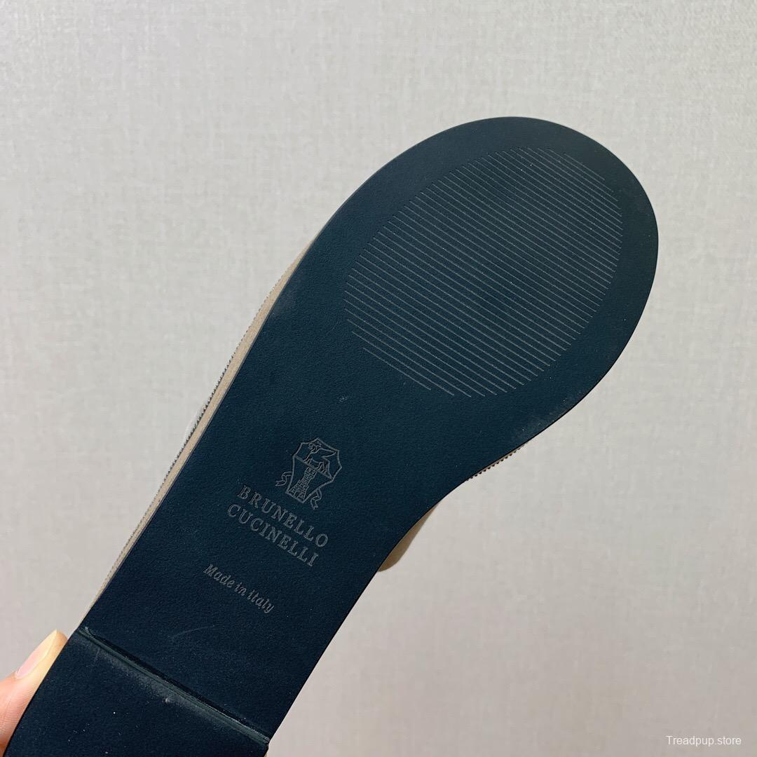 2025 Women BRUNELLO CUCINELLI Beige Suede Platform Slide Sandals Casual Handmade KFY00275 (F)