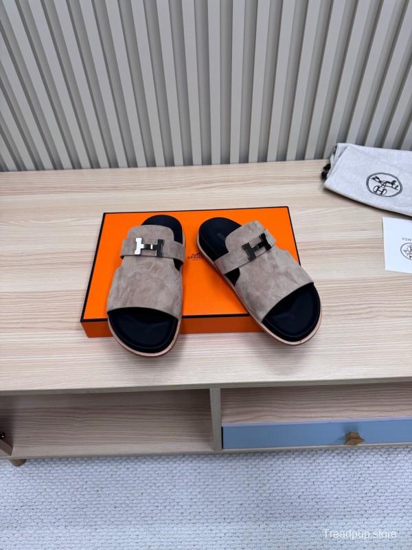 2025 Slippers Hermès Sand Beige Suede Double Strap