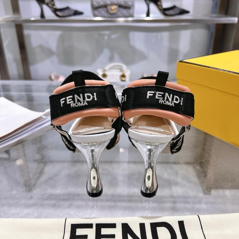 2025 Women Fendi Beige Black Mesh Leather Heels MJ00280
