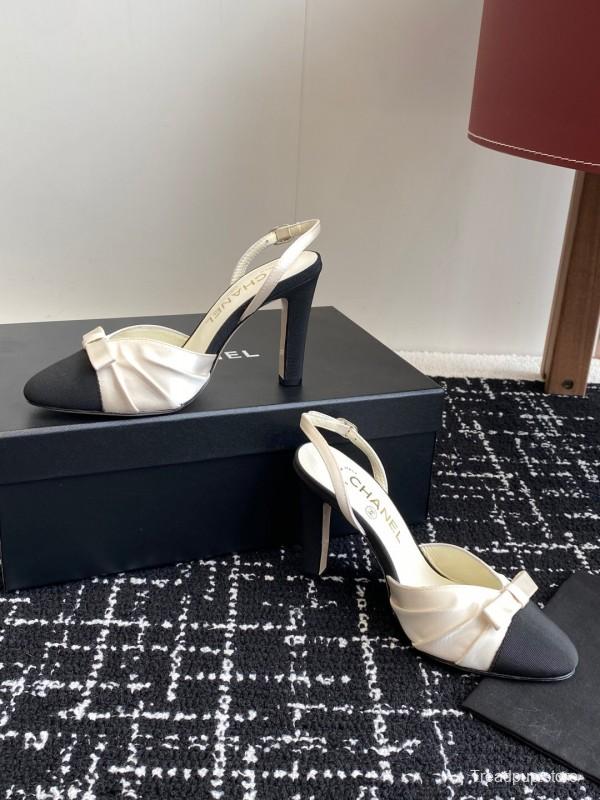 2025 Women Chanel Black White Satin Leather Slingback Heels