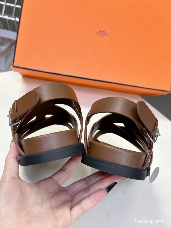 2025 Women Hermès Brown Leather Sandals