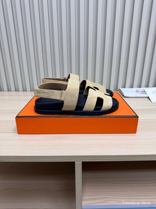 2025 Slippers Hermès Beige Black Suede Leather Sandals