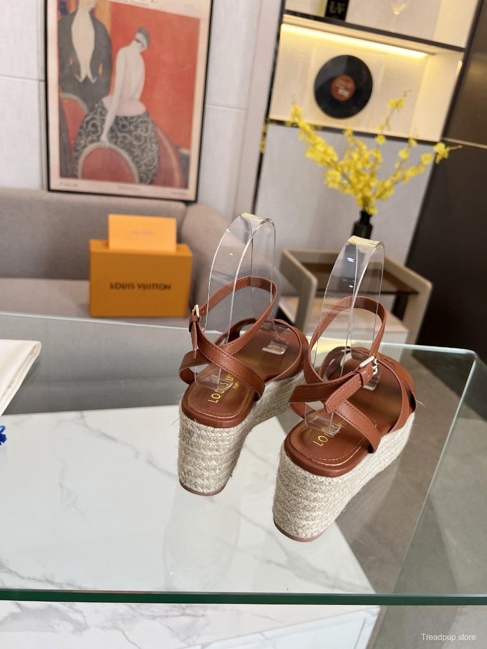2025 Women Louis Vuitton Brown Leather Espadrille Wedge Sandals MJ00280
