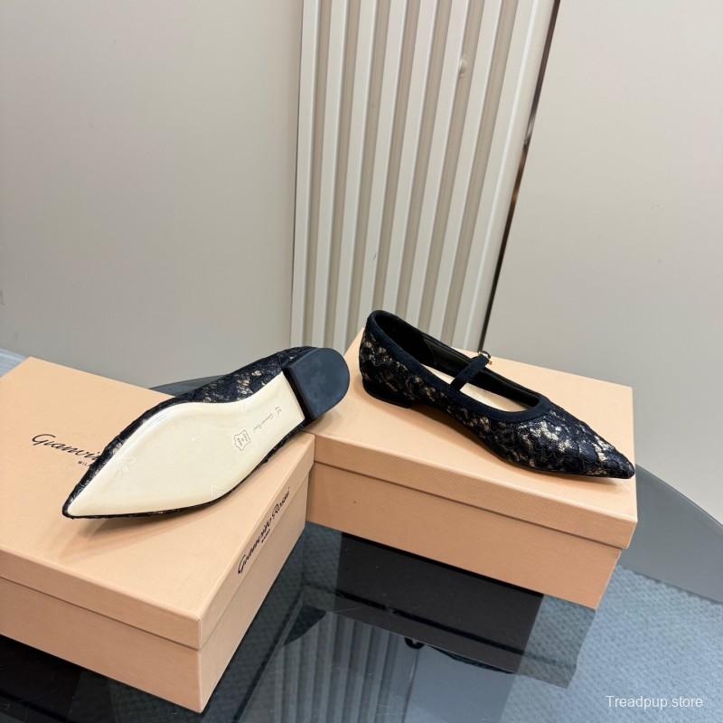 2025 Women Gianvito Rossi Black Lace Leather Mary Jane KFY00260