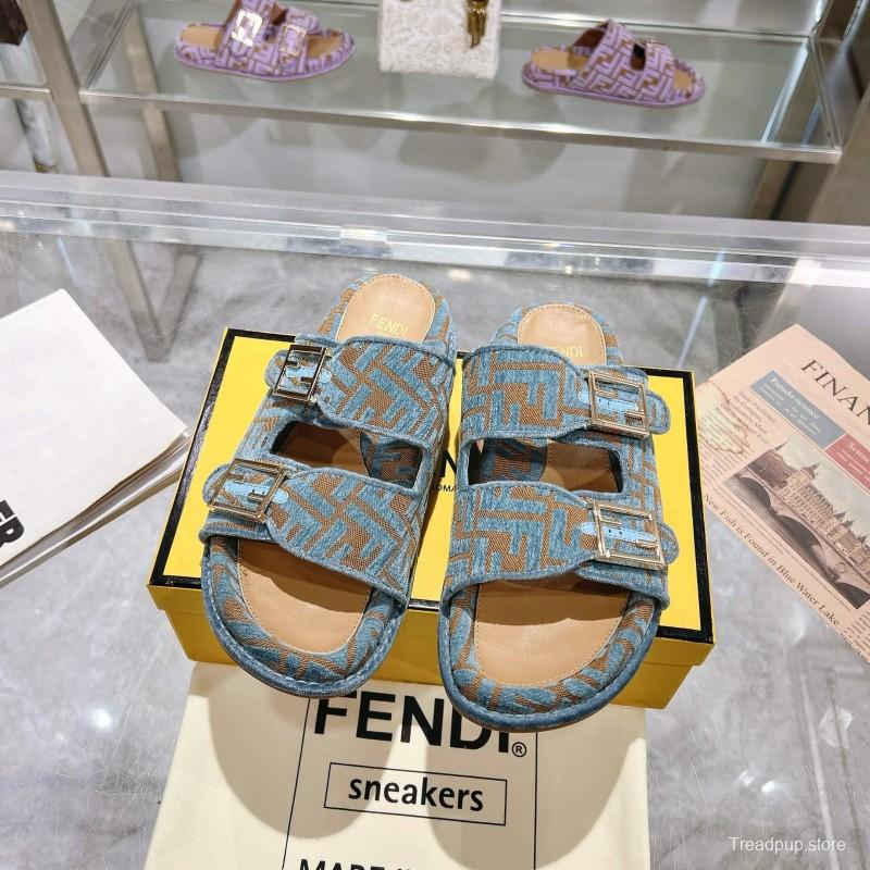2025 Fendi Blue Beige Fabric Leather Slippers KFY00250