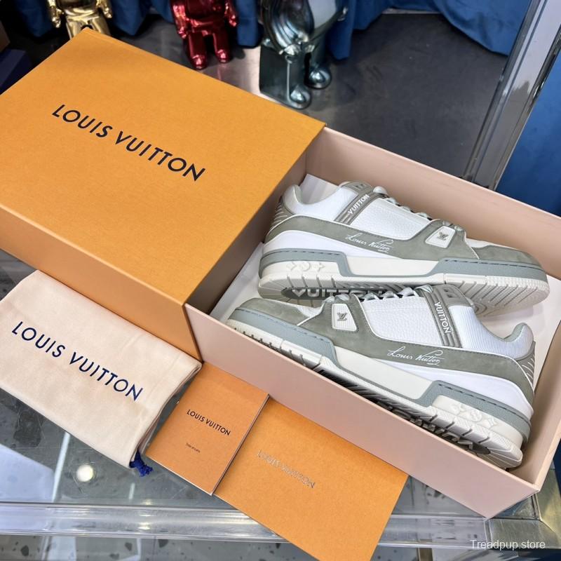 2025 Unisex Louis Vuitton White Grey Leather LV Trainer