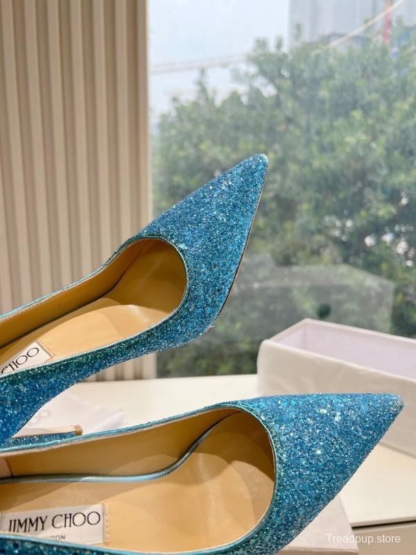 2025 Women Jimmy Choo Blue Glitter Leather Pumps