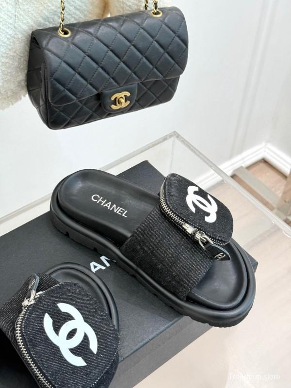 2025 CHANEL Black Fabric Slippers KFY00220