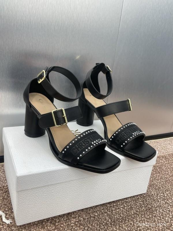 2025 Women Dior Black Leather Sandals Studded KFY00320