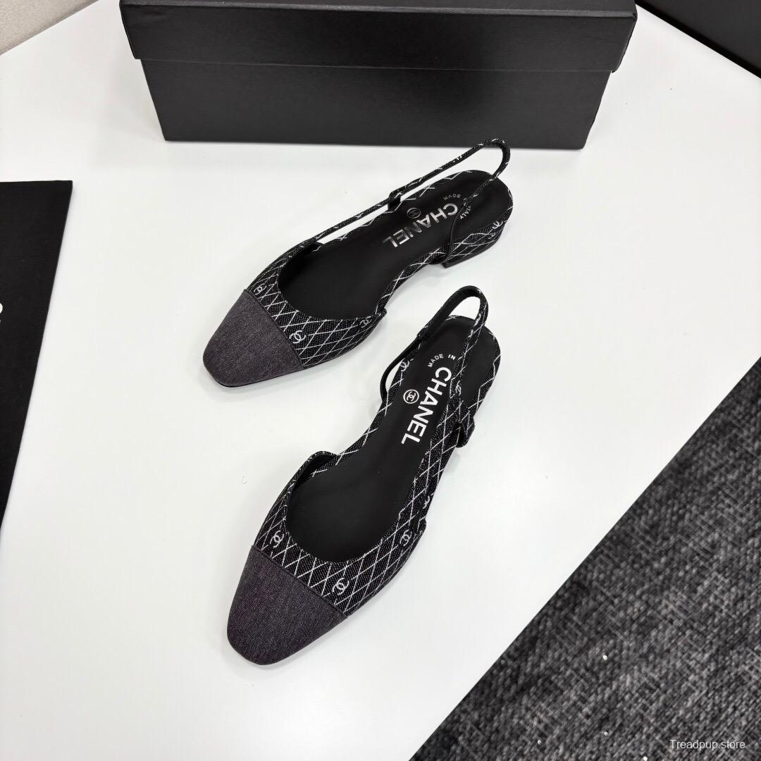 2025 Women Chanel Black White Fabric Leather Slingback LY00240