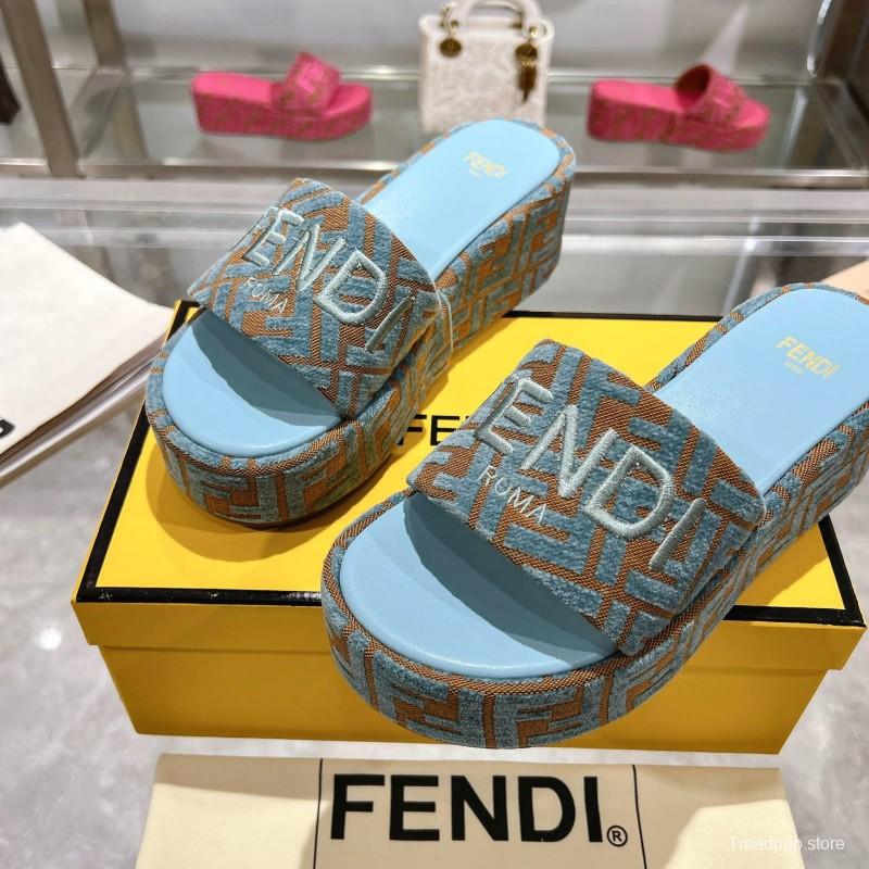 2025 Slippers Fendi Blue Brown Canvas FF Jacquard Platform FJ00321