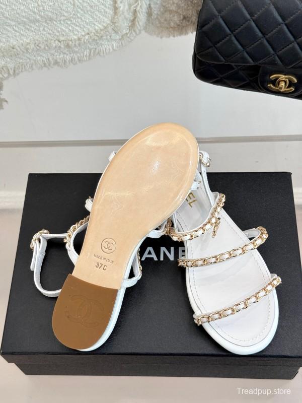 2025 Women Chanel White Leather Chain Strap Sandals