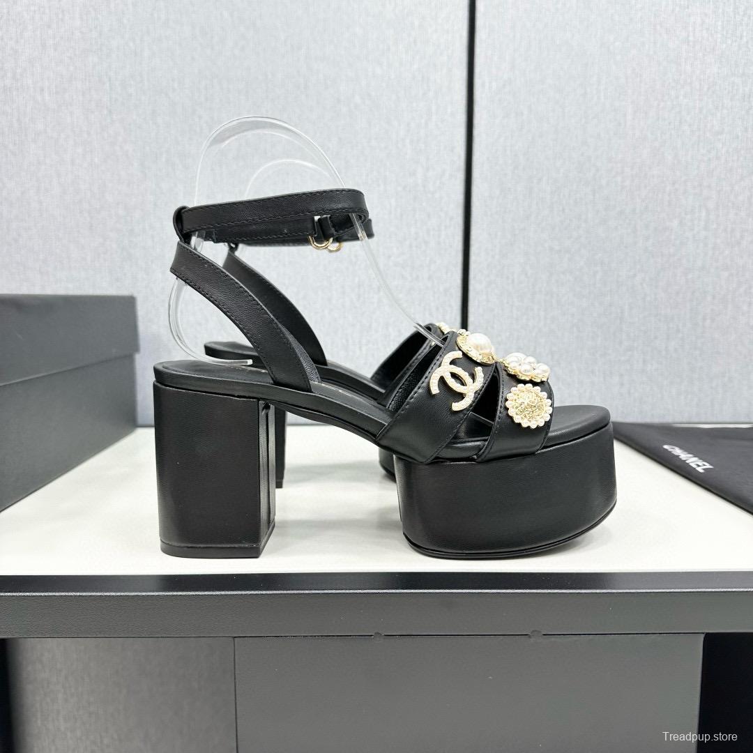 2025 Women Chanel Black Leather Platform Sandals MJ00310