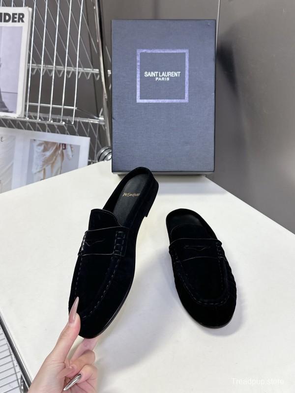 2025 Women Yves Saint Laurent Black Suede Loafers KFY00330