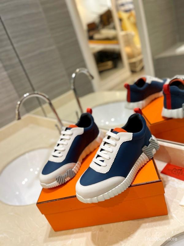 2024 Unisex Hermès Blue White Orange Imported Silk Lambskin Nubuck Sneakers MJ00320