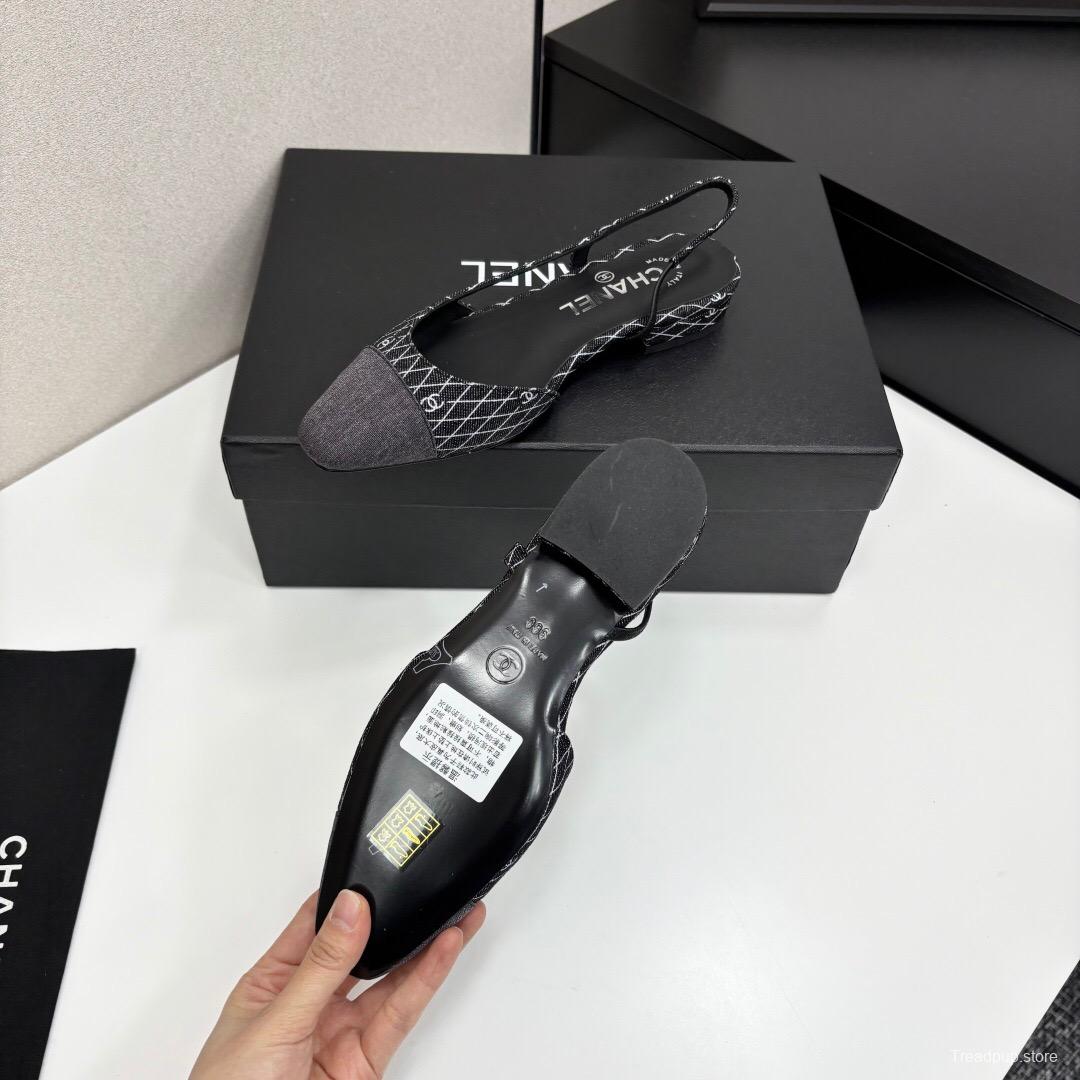 2025 Women Chanel Black White Fabric Leather Slingback LY00240