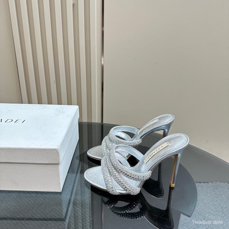 2025 Women Casadei Silver Leather High Heel Crystal Embellished KFY00290