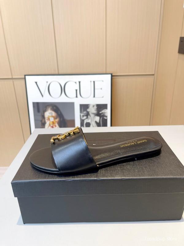2025 Women Yves Saint Laurent Black Leather Slippers LY00180