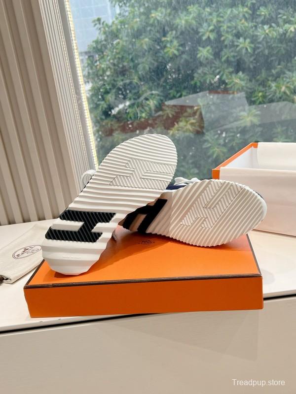 2024 Unisex Hermès Navy Brown Calfskin Suede Knit Sneakers MJ00290