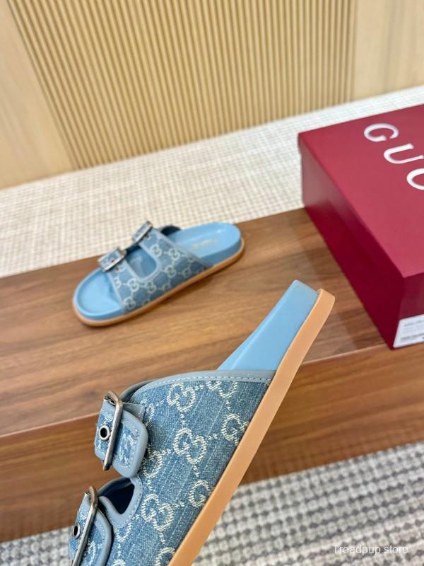 2025 Women Gucci Light Blue Canvas Leather Sandals