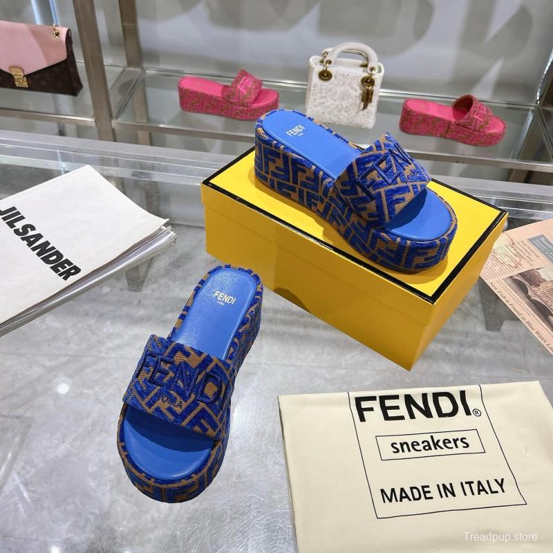 2025 Fendi Blue Brown Canvas Slippers