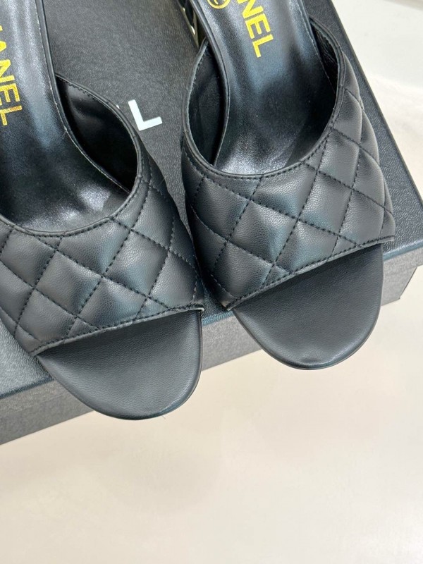 2025 Women Chanel Black Sheepskin Quilted High Heel Sandals