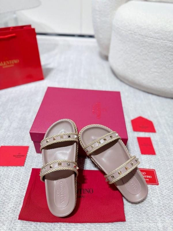 2025 Women Valentino Beige Leather Slippers