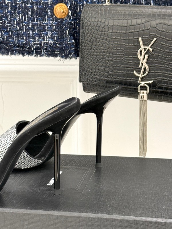 2025 Women Yves Saint Laurent Black Silver Crystal Leather Heeled Slippers LY00300