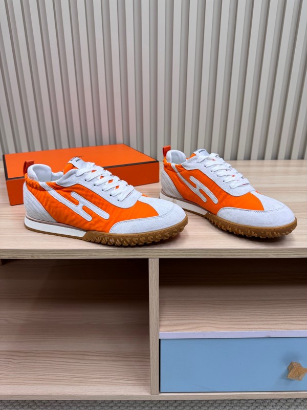 2025 Unisex Hermès Orange White Suede Nylon Sneakers Top Version LY00310