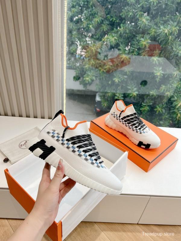 2024 Unisex Hermès White Black Orange Calf Suede Sneakers MJ00290