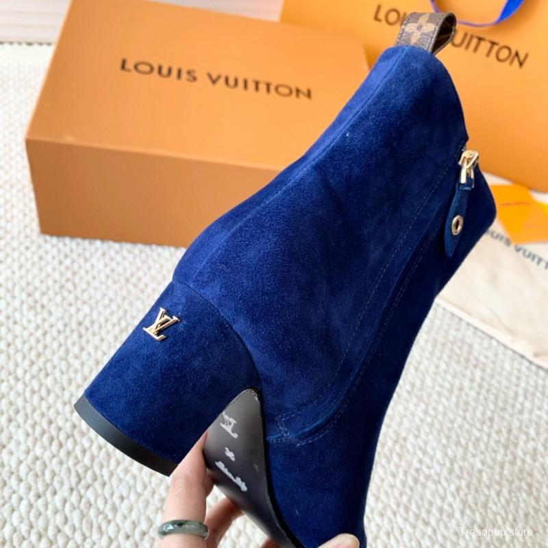 2024 Women Louis Vuitton Blue Suede Ankle Boots
