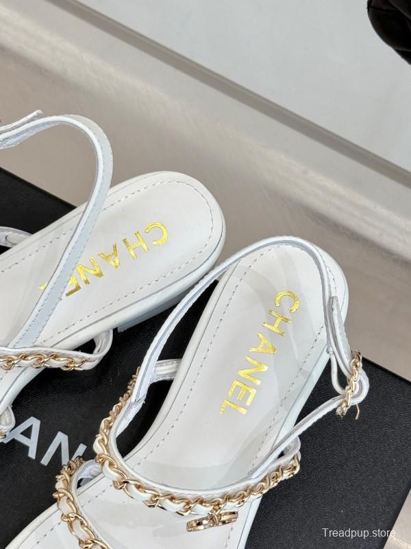 2025 Women Chanel White Leather Chain Strap Sandals